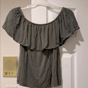 American Eagle Outfitters Olive Ruffled Off the Shoulder Top